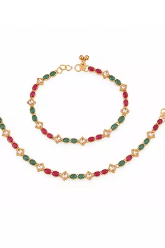 Gold Plated Traditional Kundan Anklets for Women A026mg