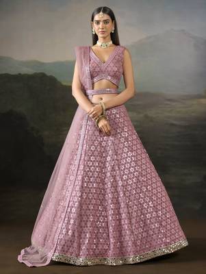 Mesmerizing Pink Sequins & Thread Embroidery with Zari & Real Mirror Lace Work indian Bridal Lehenga Choli 1
