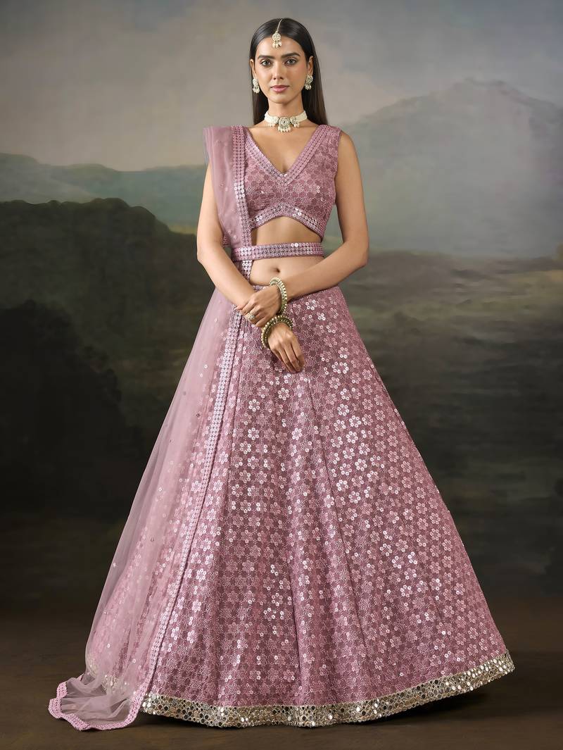 Mesmerizing Pink Sequins & Thread Embroidery with Zari & Real Mirror Lace Work indian Bridal Lehenga Choli