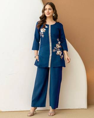 Morpeach soft viscose floral embroidery work kurta casual office wear co ord set for women 1
