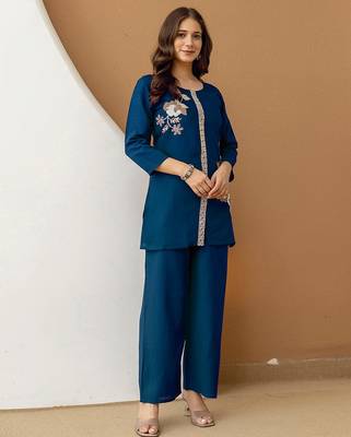 Morpeach soft viscose floral embroidery work kurta casual office wear co ord set for women 4