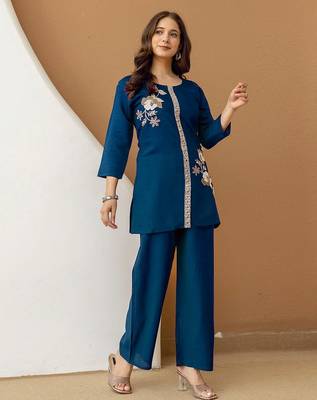 Morpeach soft viscose floral embroidery work kurta casual office wear co ord set for women 5