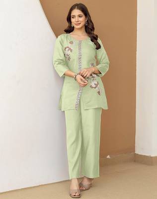 Light green soft viscose floral embroidery work kurta casual office wear co ord set for women 1