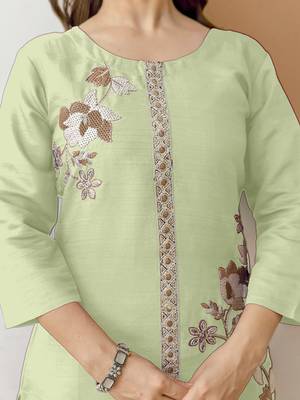 Light green soft viscose floral embroidery work kurta casual office wear co ord set for women 2