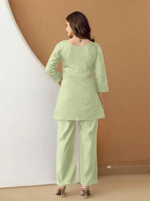 Light green soft viscose floral embroidery work kurta casual office wear co ord set for women 3