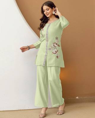Light green soft viscose floral embroidery work kurta casual office wear co ord set for women 4