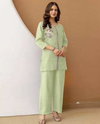 Light green soft viscose floral embroidery work kurta casual office wear co ord set for women 5
