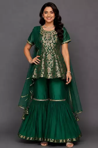 Green brocade sharara set with attached dupatta