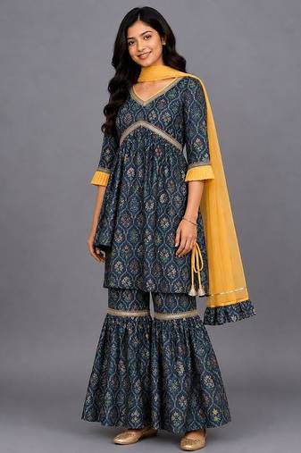 Black printed cotton silk sharara set