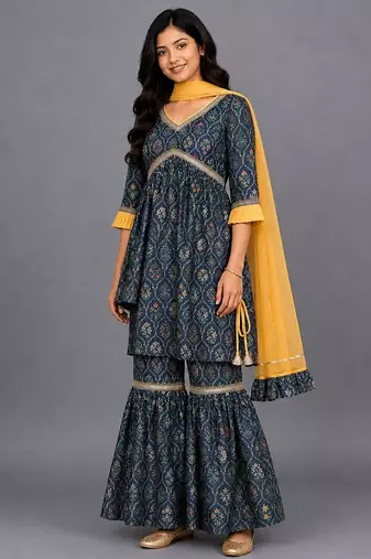 Black printed cotton silk sharara set