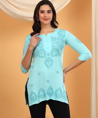 Women sky blue ethnic motifs embroidered lucknowi chikankari a-line short kurtis 1