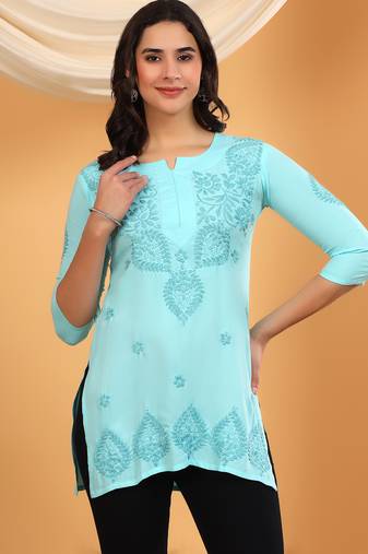 Women sky blue ethnic motifs embroidered lucknowi chikankari a-line short kurtis