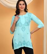 Women sky blue ethnic motifs embroidered lucknowi chikankari a-line short kurtis