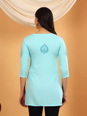 Women sky blue ethnic motifs embroidered lucknowi chikankari a-line short kurtis 2