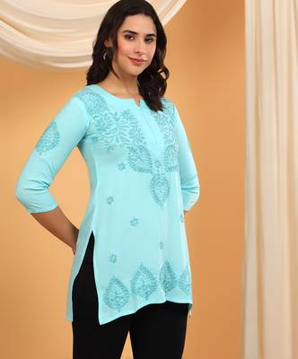 Women sky blue ethnic motifs embroidered lucknowi chikankari a-line short kurtis 3