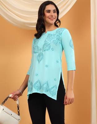 Women sky blue ethnic motifs embroidered lucknowi chikankari a-line short kurtis 5