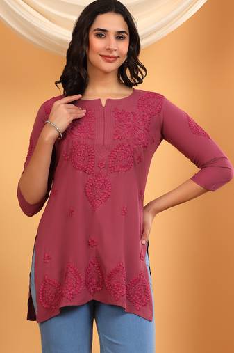 Women pink floral motifs embroidered lucknowi chikankari a-line short kurtis