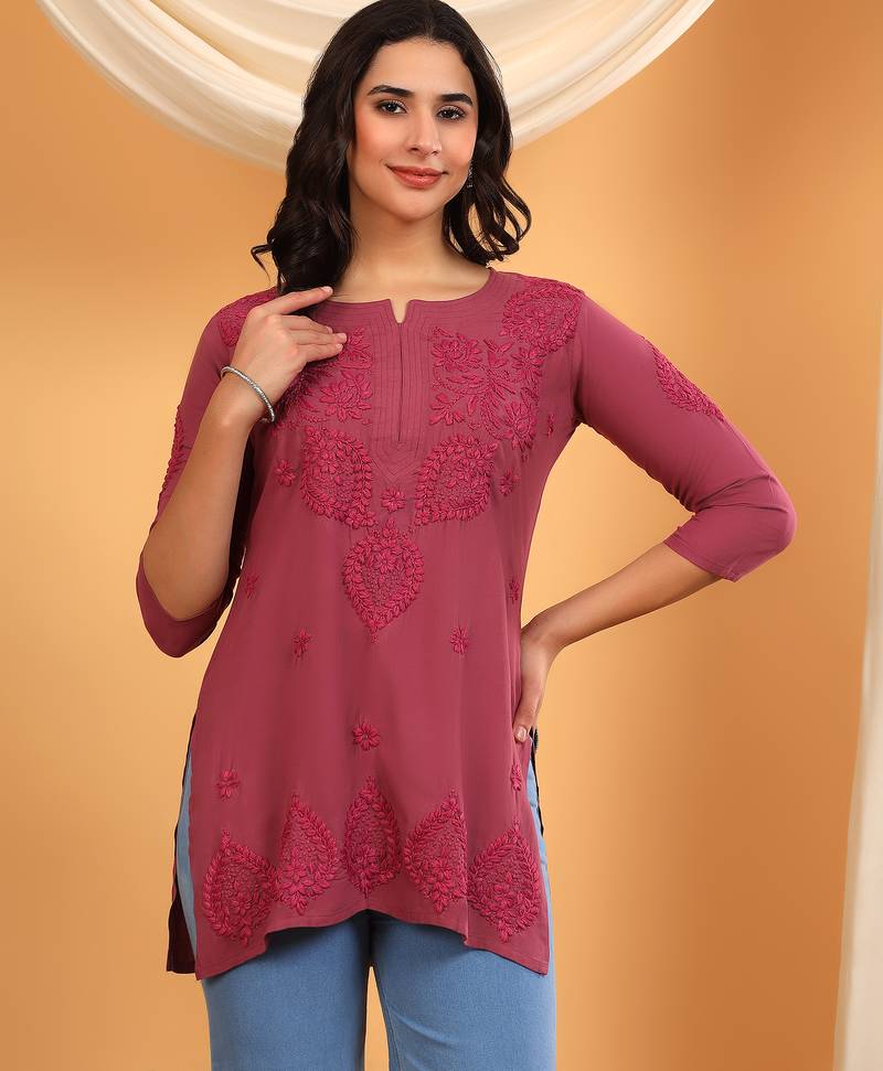 Women pink floral motifs embroidered lucknowi chikankari a-line short kurtis
