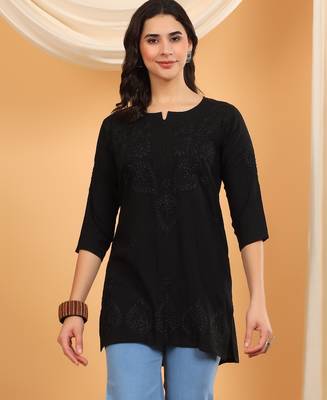 Women black floral motifs lucknowi chikankari a line short kurtis 1