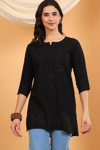 Women black floral motifs lucknowi chikankari a line short kurtis