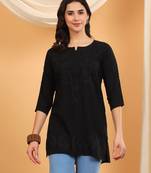 Women black floral motifs lucknowi chikankari a line short kurtis