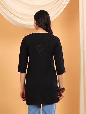 Women black floral motifs lucknowi chikankari a line short kurtis 2
