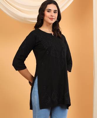 Women black floral motifs lucknowi chikankari a line short kurtis 3