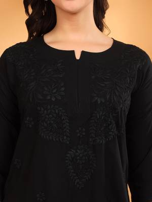 Women black floral motifs lucknowi chikankari a line short kurtis 4
