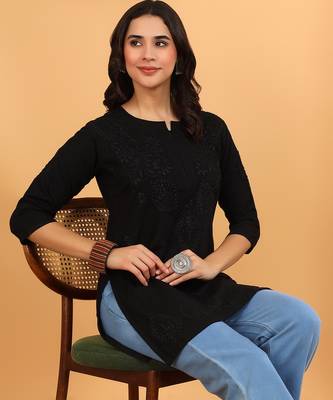 Women black floral motifs lucknowi chikankari a line short kurtis 5