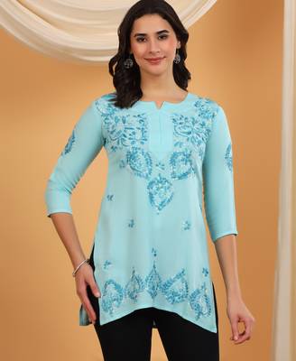 Women blue ethnic motifs embroidered lucknowi chikankari flared short kurti 1