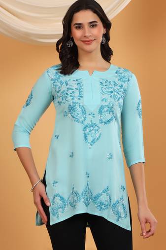 Women blue ethnic motifs embroidered lucknowi chikankari flared short kurti