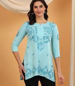 Women blue ethnic motifs embroidered lucknowi chikankari flared short kurti