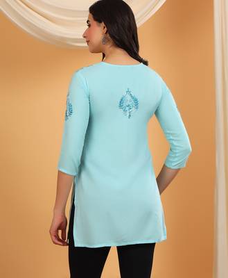 Women blue ethnic motifs embroidered lucknowi chikankari flared short kurti 2