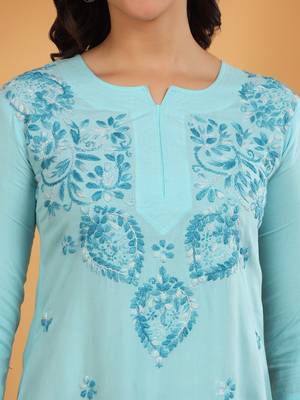 Women blue ethnic motifs embroidered lucknowi chikankari flared short kurti 4