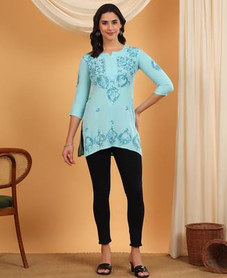 Women blue ethnic motifs embroidered lucknowi chikankari flared short kurti 5