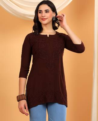 Women coffee brown ethnic motifs embroidered lucknowi chikankari flared short kurti 1