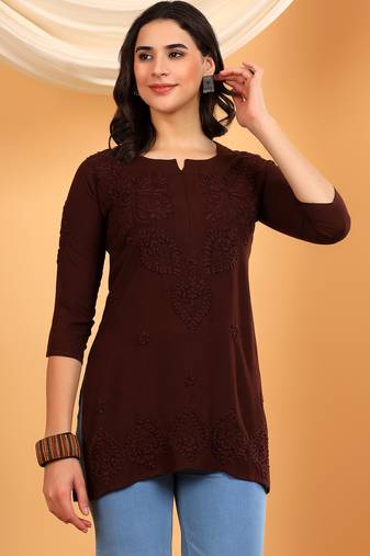 Women coffee brown ethnic motifs embroidered lucknowi chikankari flared short kurti