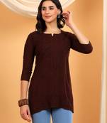 Women coffee brown ethnic motifs embroidered lucknowi chikankari flared short kurti