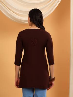 Women coffee brown ethnic motifs embroidered lucknowi chikankari flared short kurti 2