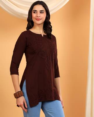 Women coffee brown ethnic motifs embroidered lucknowi chikankari flared short kurti 3