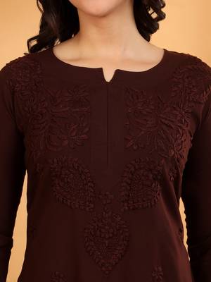 Women coffee brown ethnic motifs embroidered lucknowi chikankari flared short kurti 4