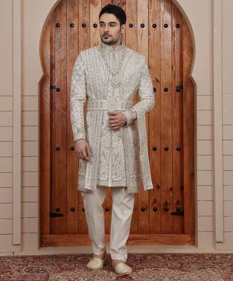 Beige computer thread work on art silk sherwani for men 1