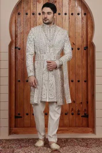 Beige computer thread work on art silk sherwani for men