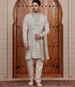 Beige computer thread work on art silk sherwani for men