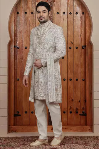 Beige computer thread work on art silk sherwani for men