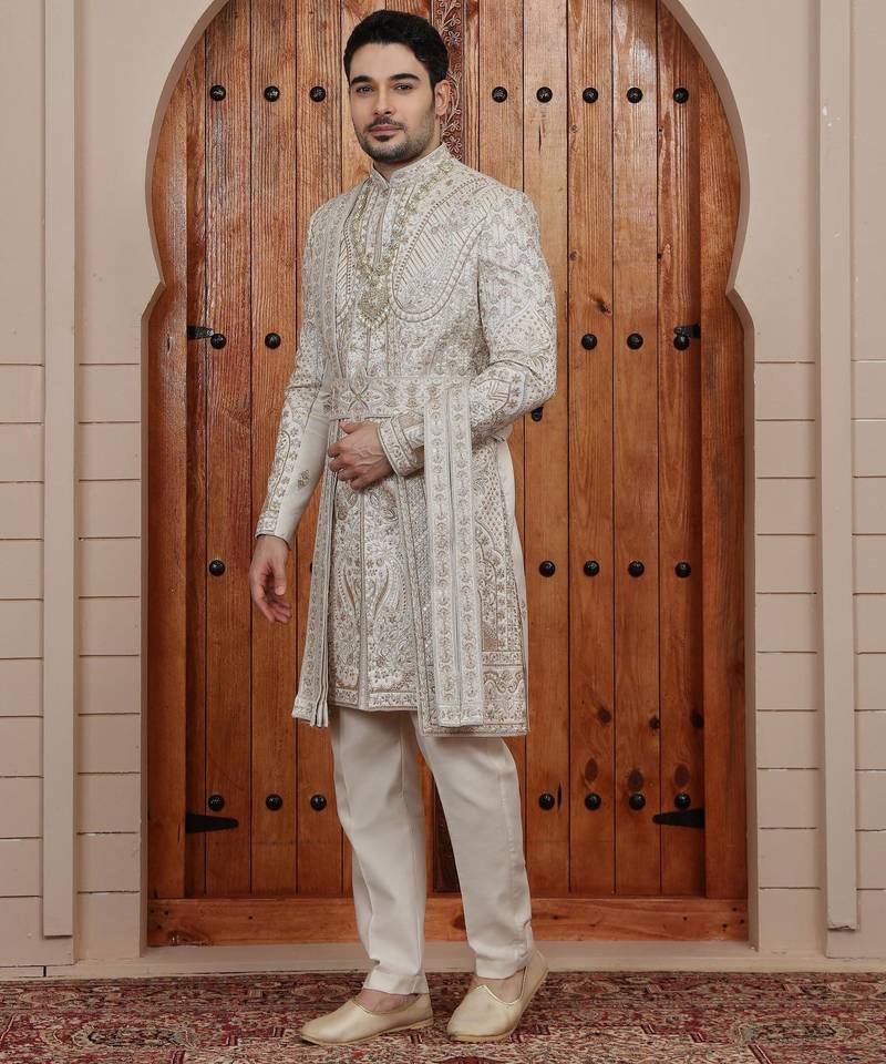 Beige computer thread work on art silk sherwani for men