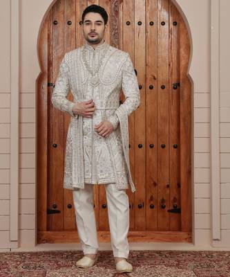 Beige computer thread work on art silk sherwani for men 3