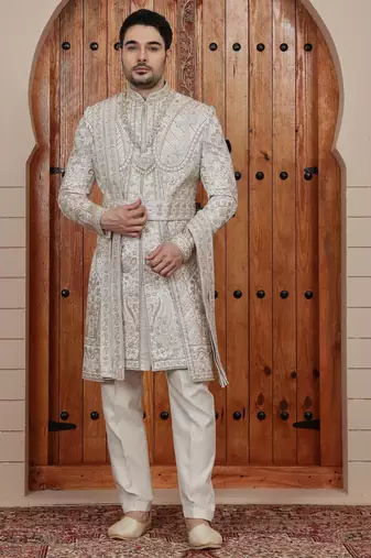 Beige computer thread work on art silk sherwani for men