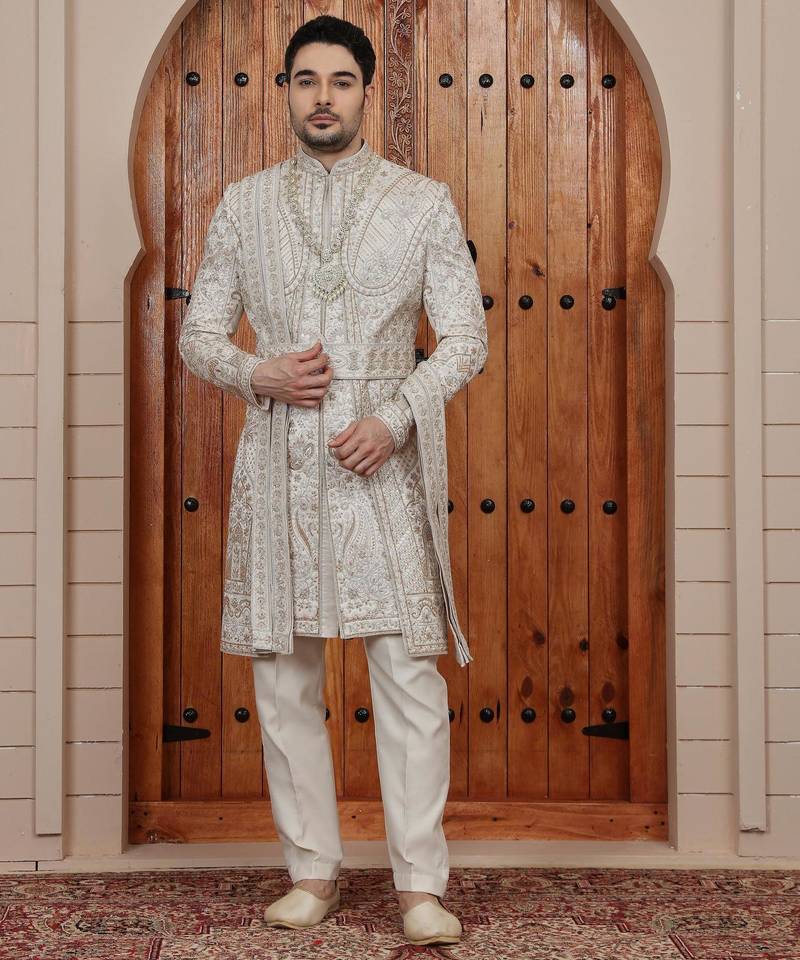 Beige computer thread work on art silk sherwani for men