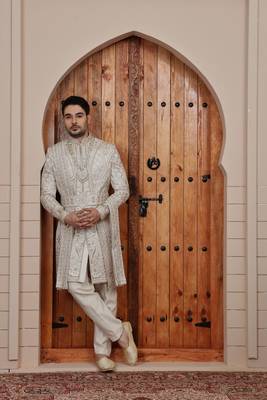 Beige computer thread work on art silk sherwani for men 4